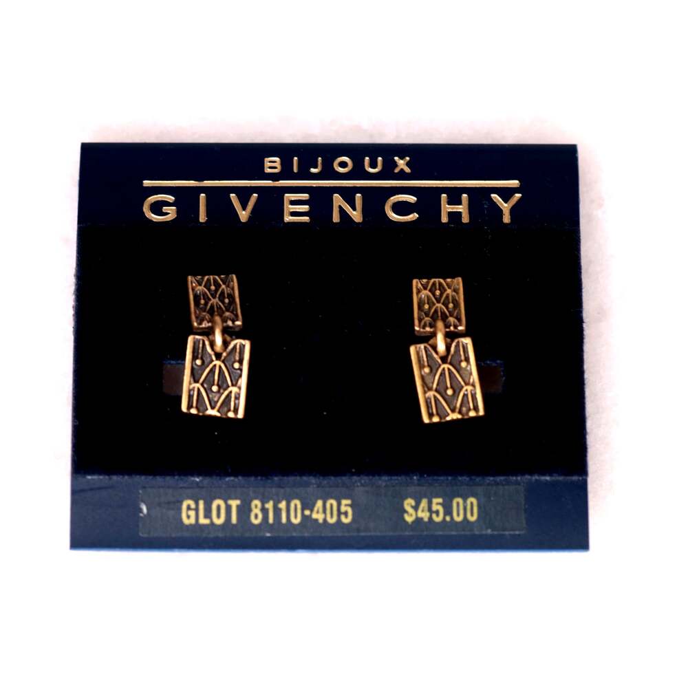 Vintage Bijoux Givenchy Deadstock Gold Tone Geometric Drop Clip Earrings 4G Card